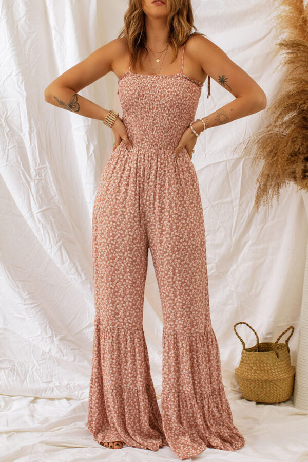 Black Thin Straps Smocked Bodice Wide Leg Floral Jumpsuit - Image 13