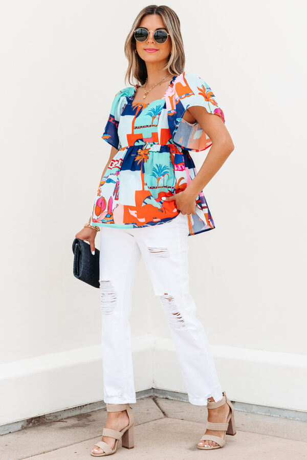Sky Blue Tropical Printed Square Neck Flutter Sleeve Babydoll Blouse - Image 6
