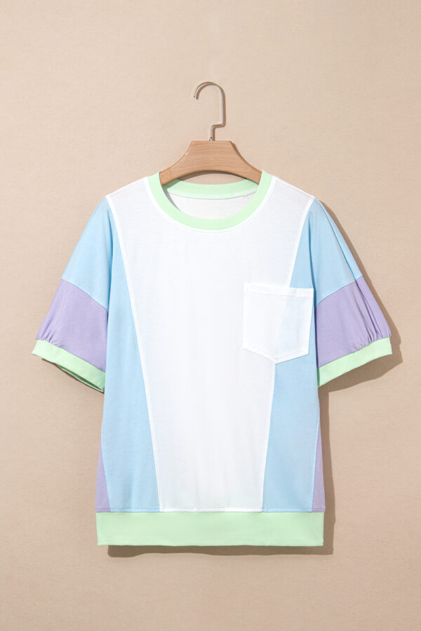 White Color Block Patchwork Half Sleeve Oversized T Shirt - Image 5