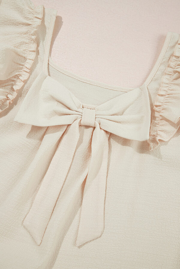Gossamer Pink Textured Bow Knot Frilled Butterfly Sleeve Blouse - Image 15