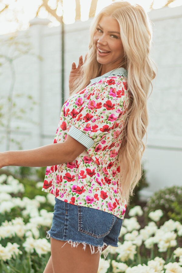 Red Floral Print Striped Patchwork Collared Short Sleeve Blouse - Image 3