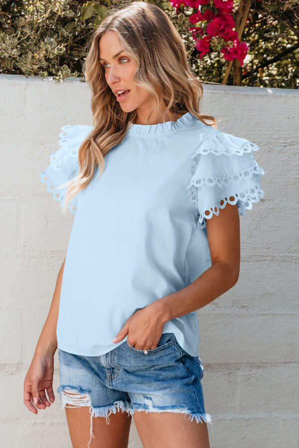 Beau Blue Layered Ric Rac Cap Sleeve Filled Neck Blouse - Image 3