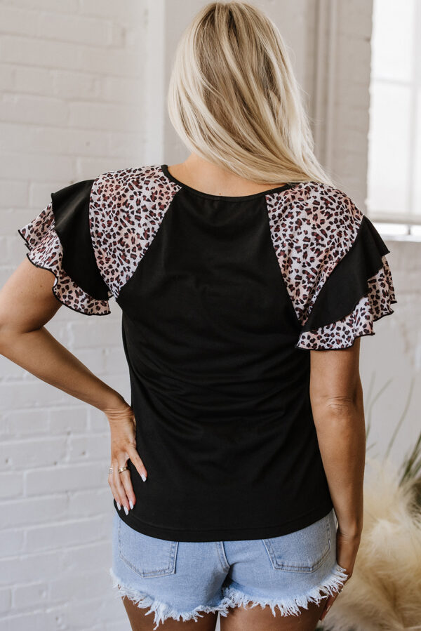 Black Leopard Print Patchwork Ruffled Sleeve V Neck T Shirt - Image 2