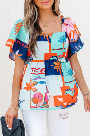 Sky Blue Tropical Printed Square Neck Flutter Sleeve Babydoll Blouse