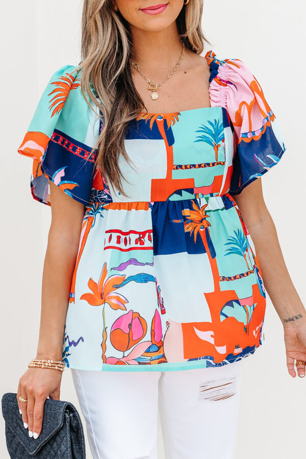 Sky Blue Tropical Printed Square Neck Flutter Sleeve Babydoll Blouse - Image 8