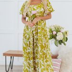 Green Scalloped Trim Square Neck High Waist Floral Maxi Dress