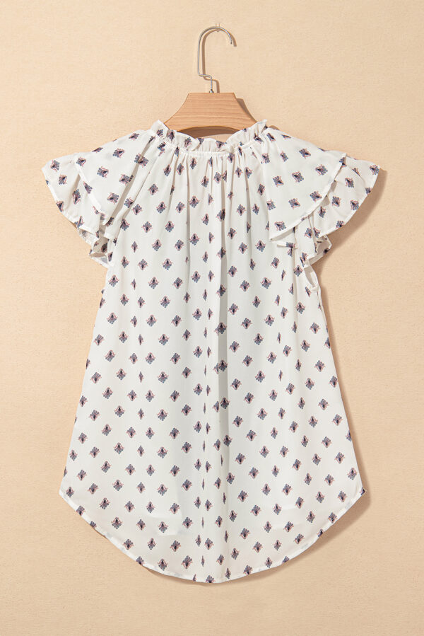 White Boho Pattern Tiered Ruffled Sleeve V Neck Buttoned Blouse - Image 7