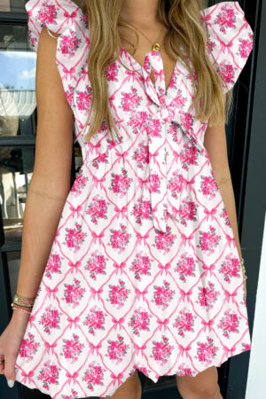 Multicolour Bow Lattice Floral Print V Neck Knot Decor Mini Dress