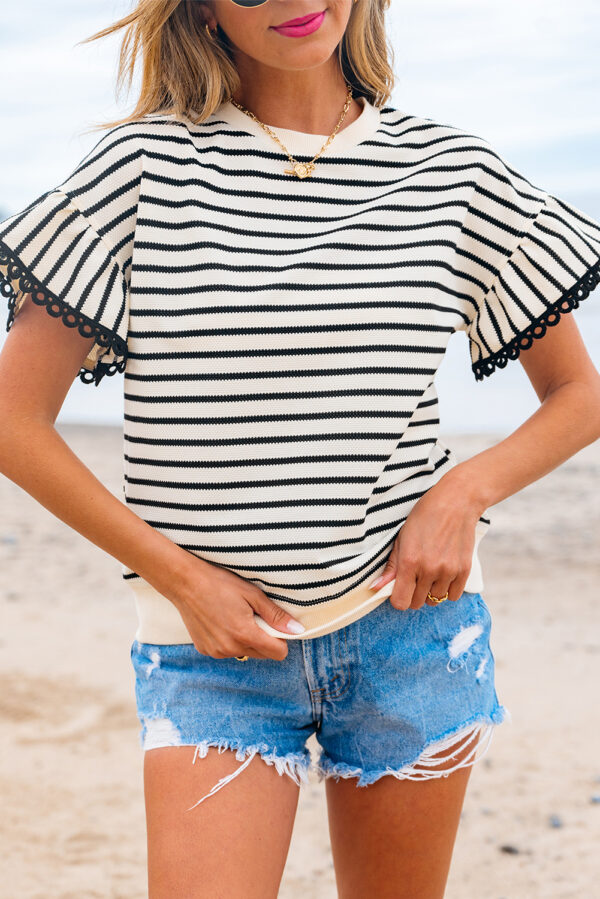 Black Stripe Scallop Lace Trim Ruffle Short Sleeves Crewneck Top - Image 6