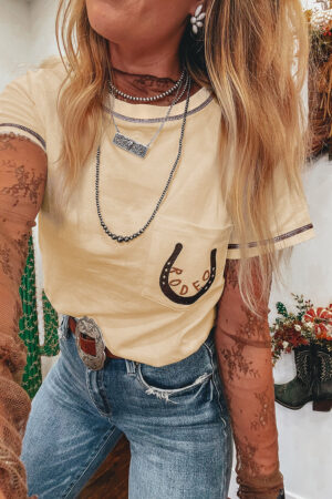 Apricot RODEO Horseshoe Embroidered Patch Pocket T Shirt