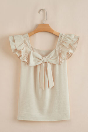 Gossamer Pink Textured Bow Knot Frilled Butterfly Sleeve Blouse