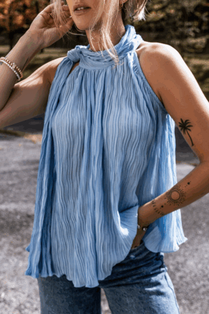 Myosotis Textured Pleated Tied Mock Neck Flowy Tank Top