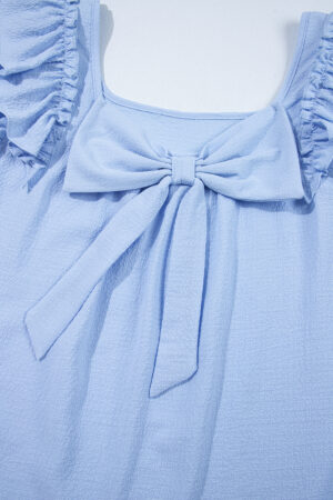 Gossamer Pink Textured Bow Knot Frilled Butterfly Sleeve Blouse