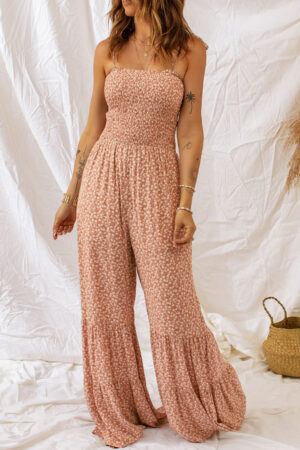 Black Thin Straps Smocked Bodice Wide Leg Floral Jumpsuit