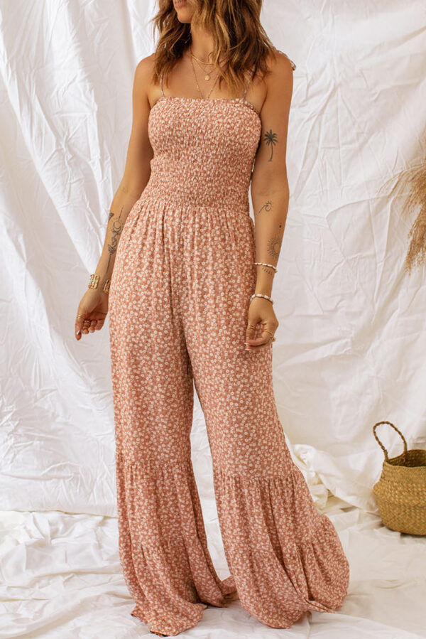 Black Thin Straps Smocked Bodice Wide Leg Floral Jumpsuit - Image 11