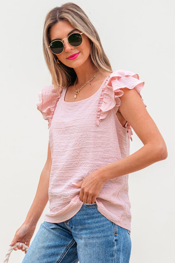 Gossamer Pink Textured Bow Knot Frilled Butterfly Sleeve Blouse - Image 3