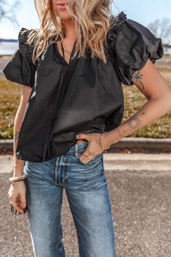 Black Ruffled Puff Short Sleeve Loose Blouse - Image 4