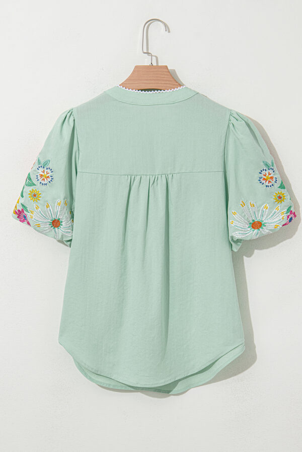 Clearly Aqua Floral Embroidered Puff Sleeve Split Neck Blouse - Image 5