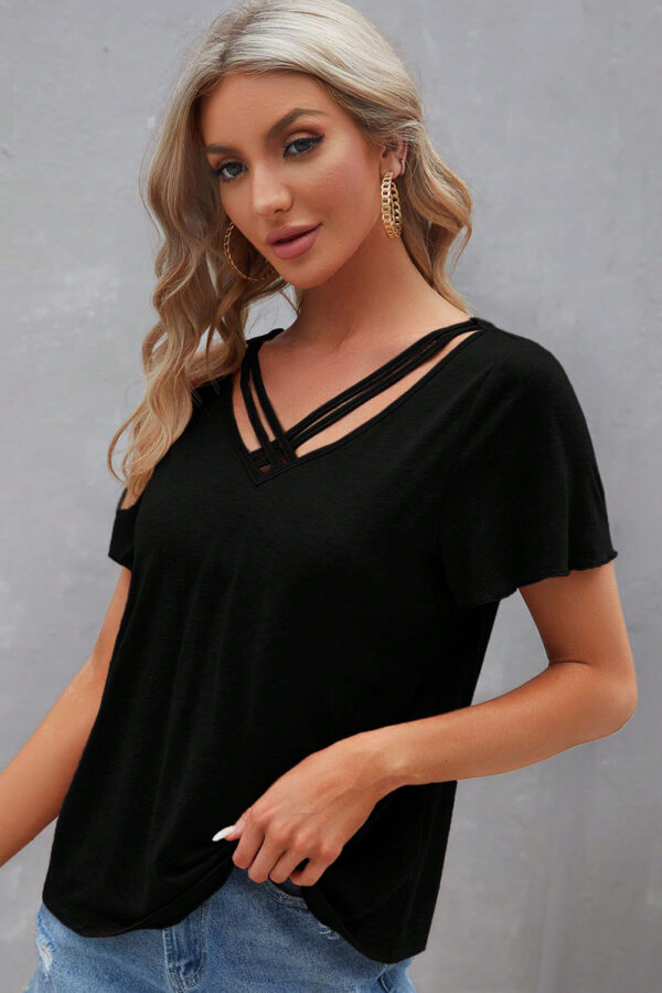 Black Crisscross V Neck Butterfly Sleeve T Shirt - Image 3