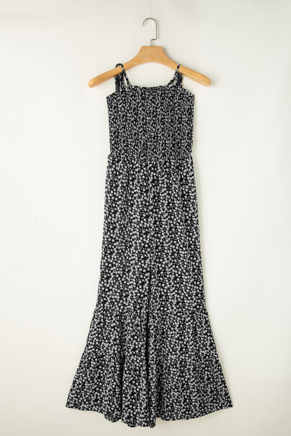 Black Thin Straps Smocked Bodice Wide Leg Floral Jumpsuit - Image 4