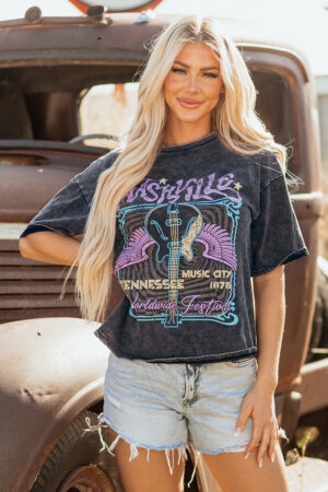 Black Nashville Tennessee Graphic Mineral Washed Vintage Tee