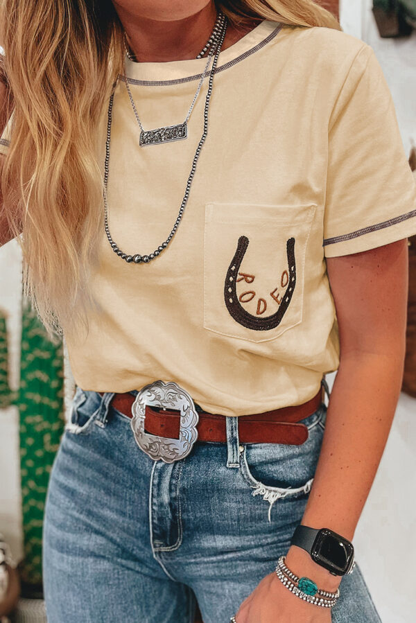 Apricot RODEO Horseshoe Embroidered Patch Pocket T Shirt