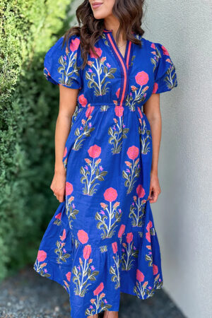 White Floral Puff Short Sleeve V Neck High Waist Maxi Dress
