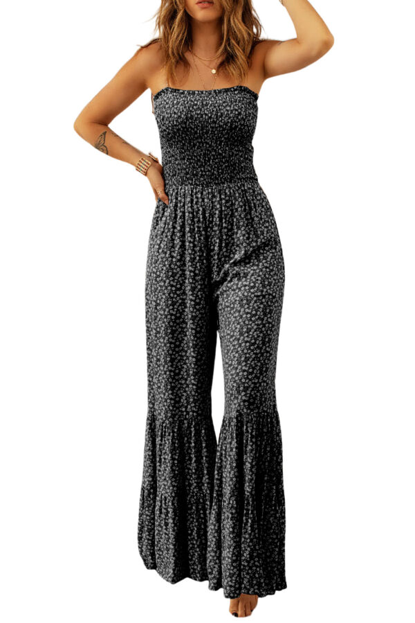 Black Thin Straps Smocked Bodice Wide Leg Floral Jumpsuit - Image 10