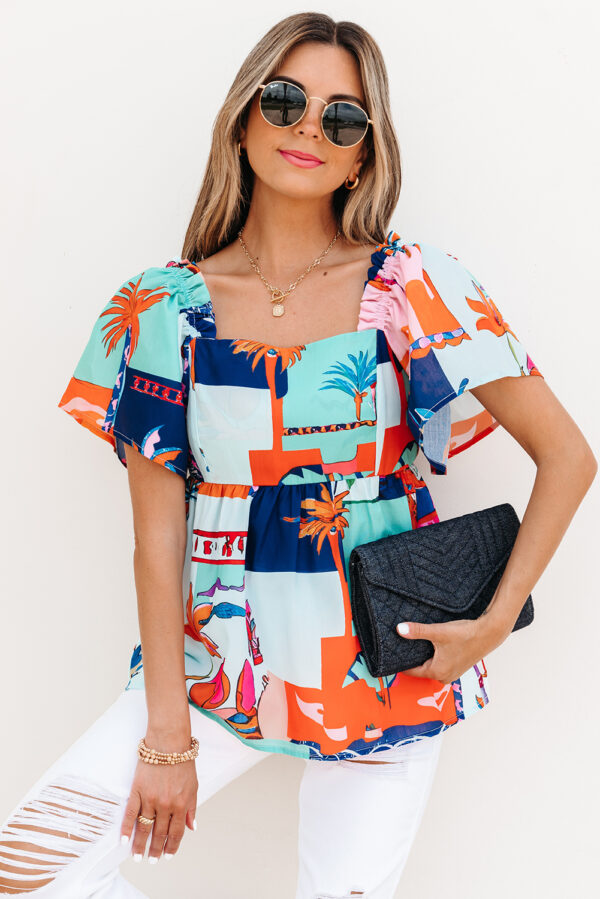 Sky Blue Tropical Printed Square Neck Flutter Sleeve Babydoll Blouse - Image 4