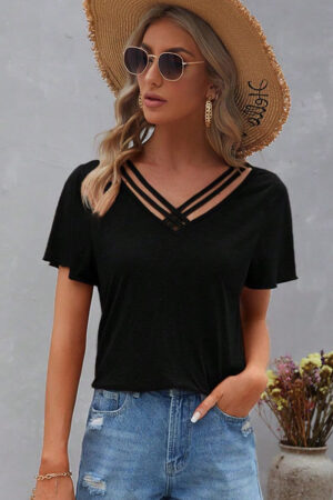 Black Crisscross V Neck Butterfly Sleeve T Shirt
