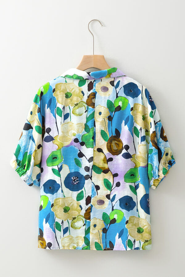 Light Blue Floral Print Slit V Neck Short Sleeve Blouse - Image 5