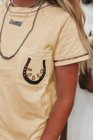 Apricot RODEO Horseshoe Embroidered Patch Pocket T Shirt