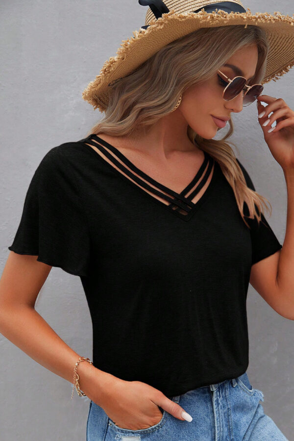 Black Crisscross V Neck Butterfly Sleeve T Shirt - Image 4