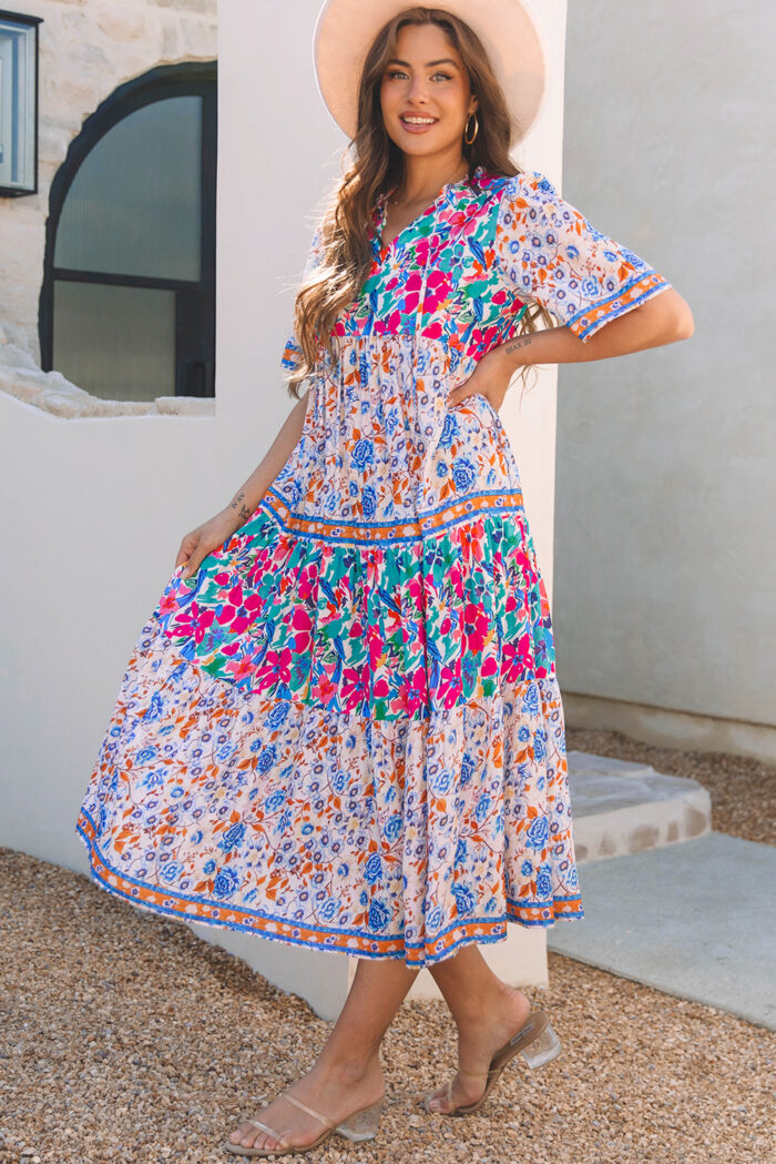 Sky Blue Mixed Floral Print Tie Split Neck Short Sleeve Dress - Image 3