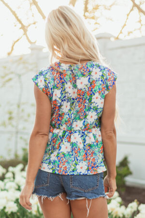 Green Floral Print Bow Applique Slit Sleeveless Peplum Blouse