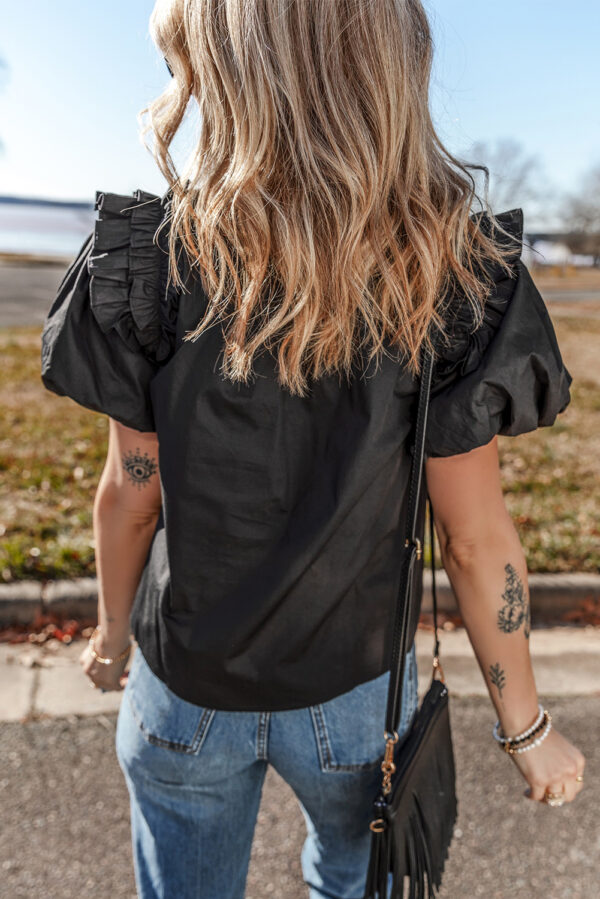 Black Ruffled Puff Short Sleeve Loose Blouse - Image 6
