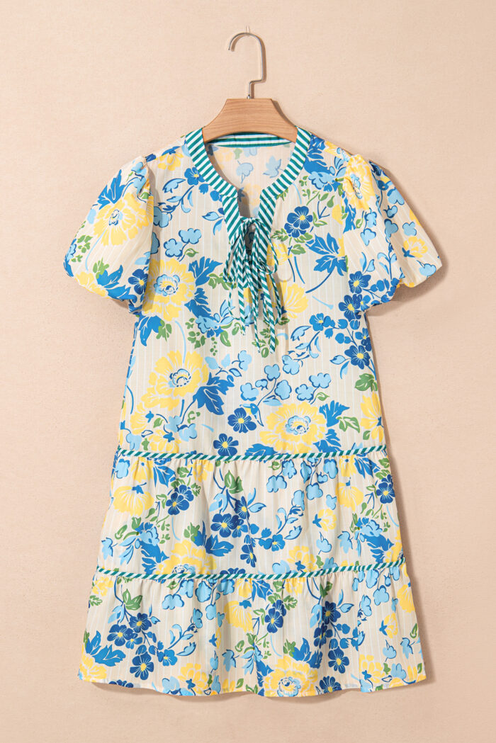 Blue Floral Striped Trim Puff Short Sleeve Dress - Image 3