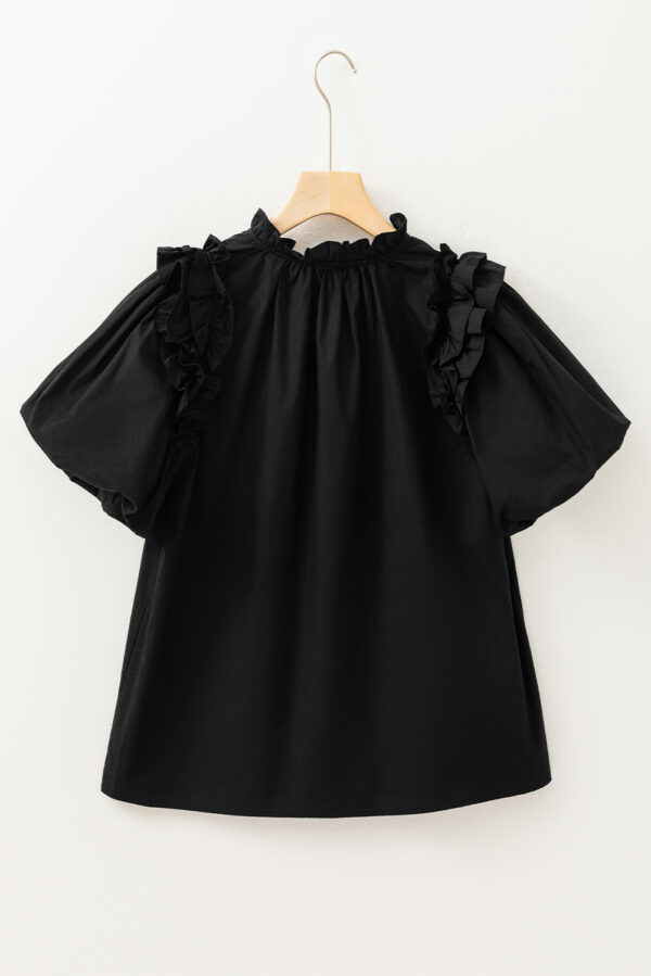 Black Ruffled Puff Short Sleeve Loose Blouse - Image 8