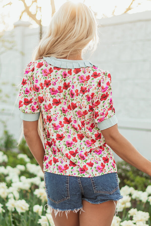 Red Floral Print Striped Patchwork Collared Short Sleeve Blouse - Image 2
