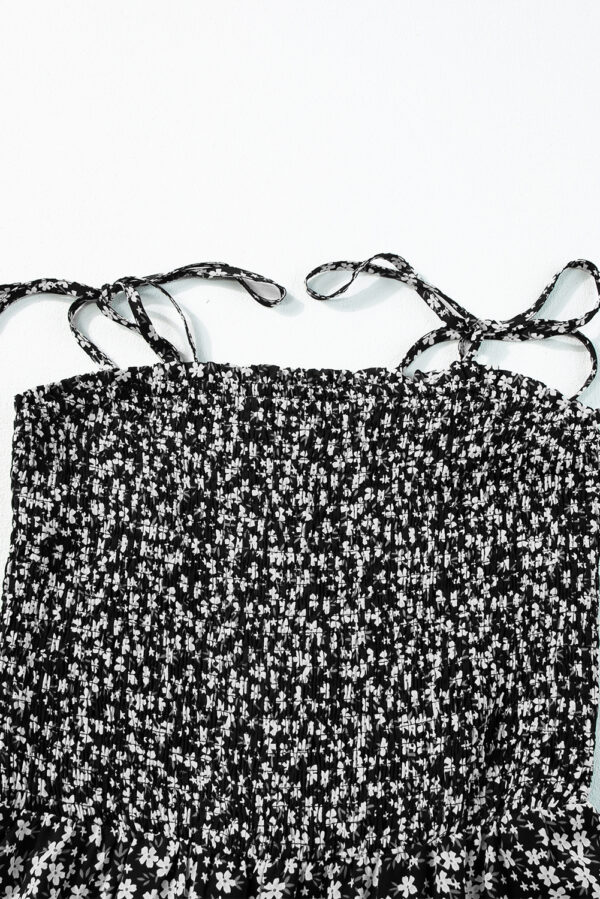 Black Thin Straps Smocked Bodice Wide Leg Floral Jumpsuit - Image 6