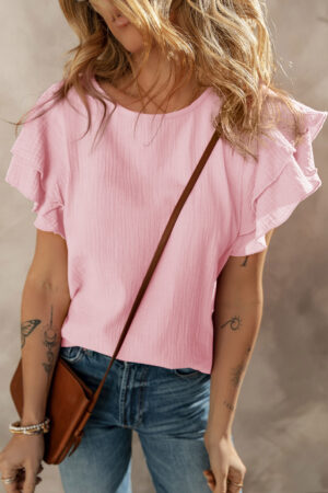Light Pink Crinkled Cotton Gauze Ruffle Sleeve Blouse