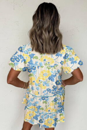 Blue Floral Striped Trim Puff Short Sleeve Dress