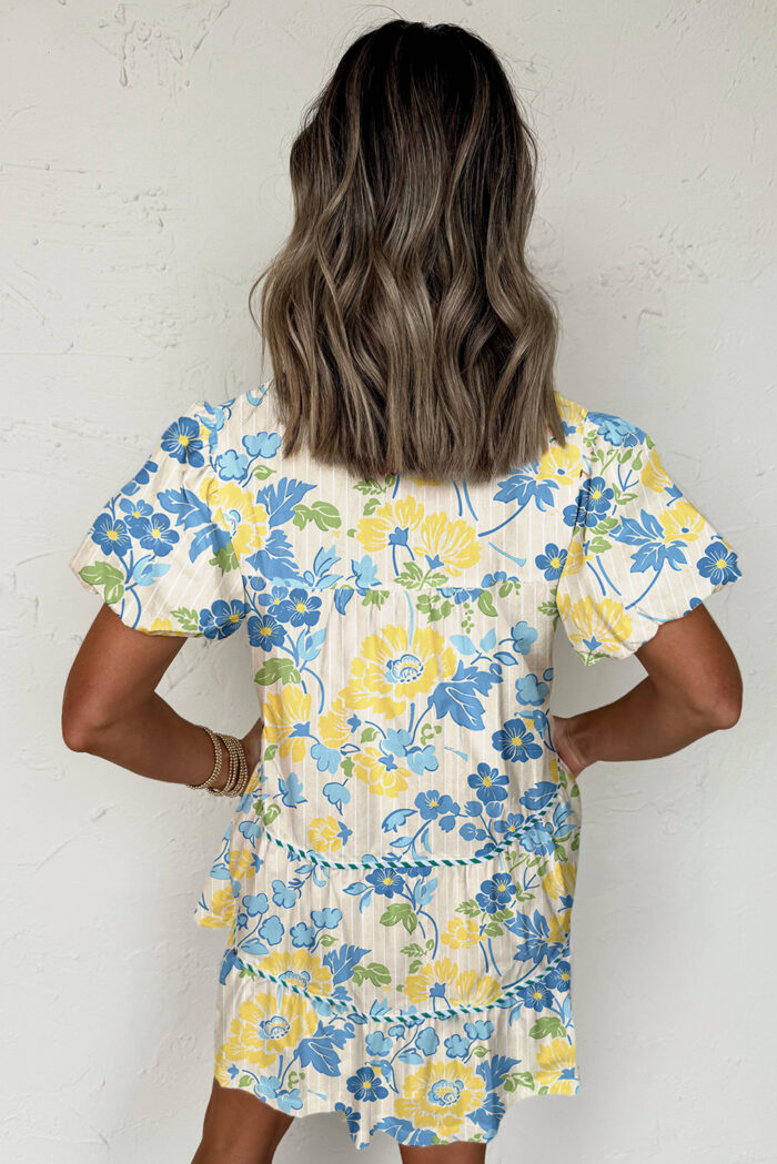Blue Floral Striped Trim Puff Short Sleeve Dress - Image 2