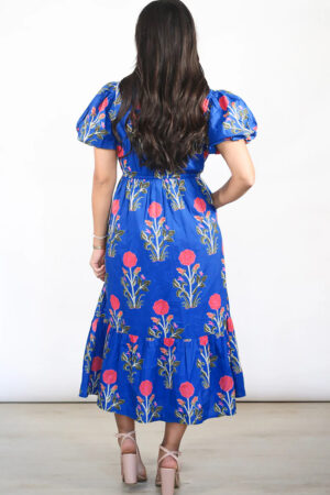 White Floral Puff Short Sleeve V Neck High Waist Maxi Dress