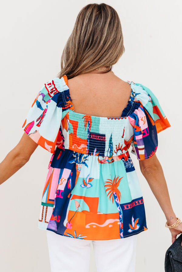 Sky Blue Tropical Printed Square Neck Flutter Sleeve Babydoll Blouse - Image 2