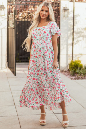 Pink Floral Puff Sleeve Square Neck Empire Waist Tiered Maxi Dress