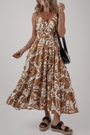 Khaki Floral Shirred High Waist Spaghetti Straps Maxi Dress