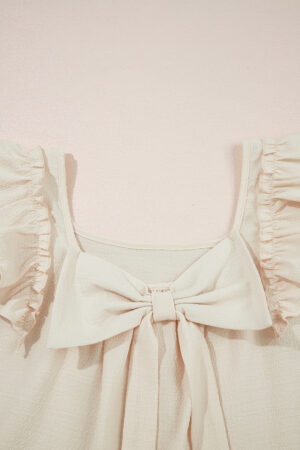 Gossamer Pink Textured Bow Knot Frilled Butterfly Sleeve Blouse